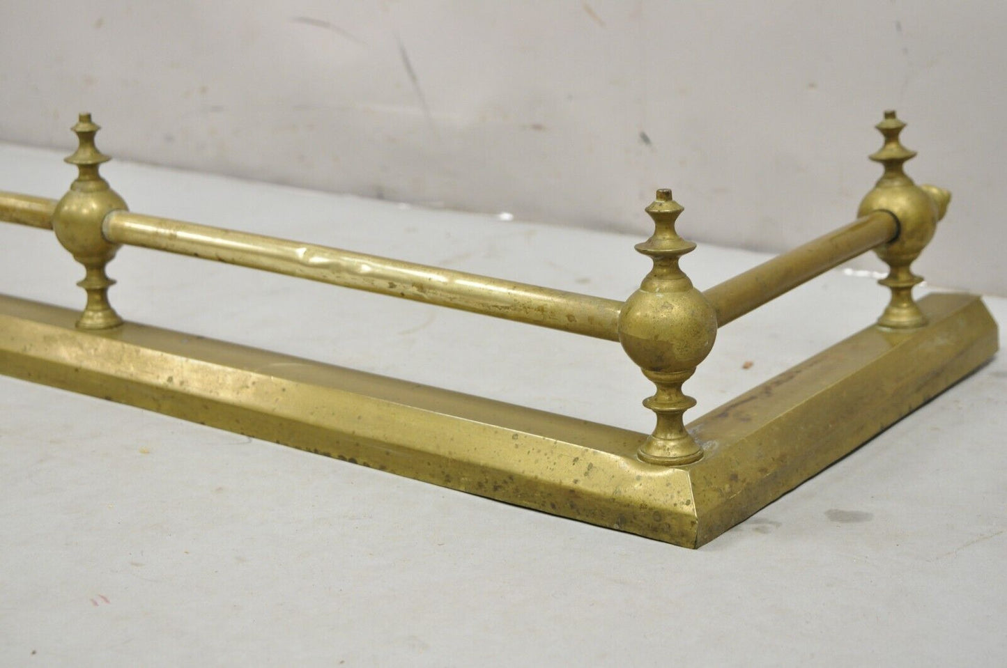 Antique Victorian Brass Finial and Cast Iron 48" Fireplace Fender Surround