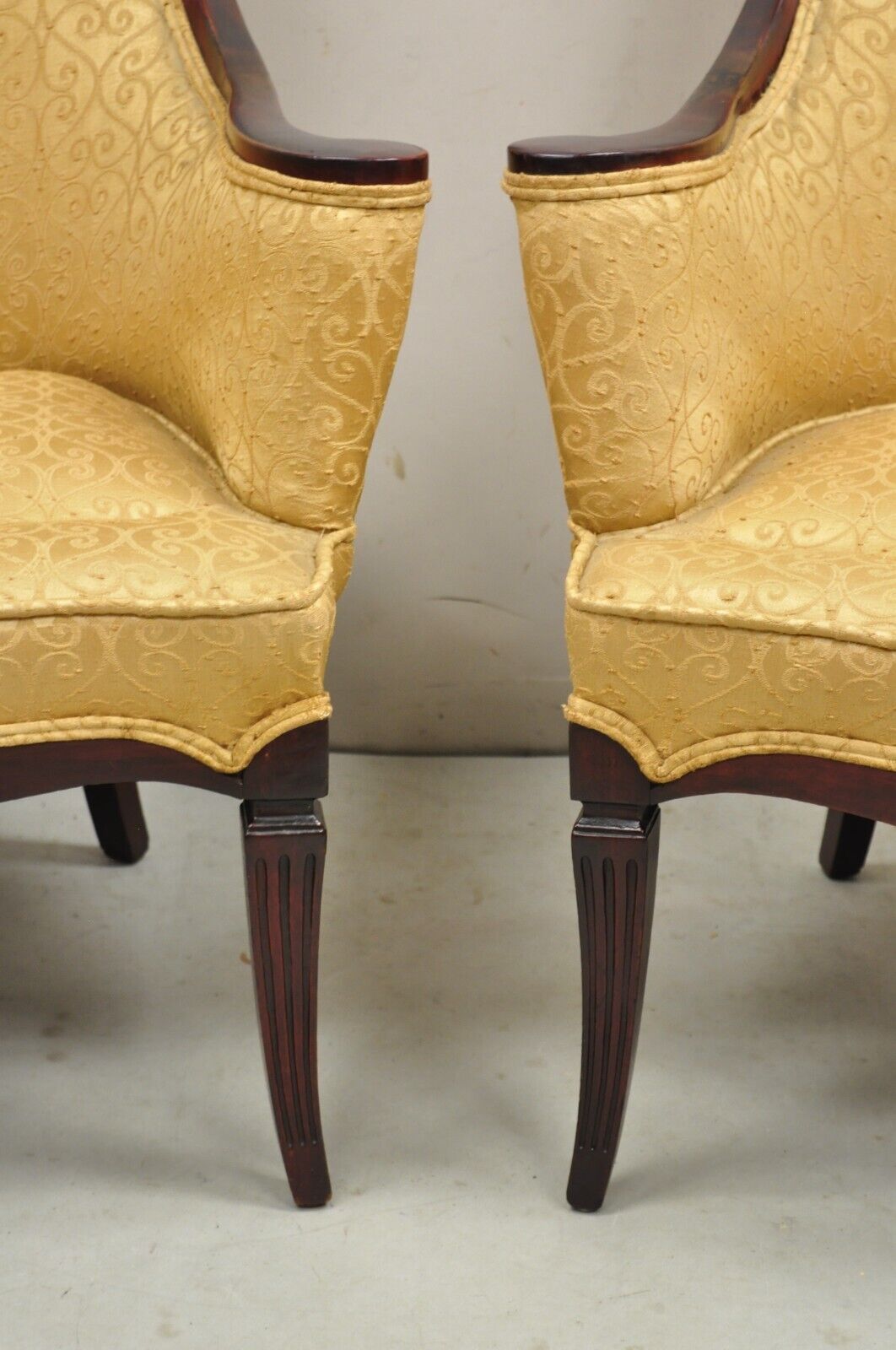 Vintage Hollywood Regency Drape Carved Mahogany Fireside Lounge Chairs - a Pair