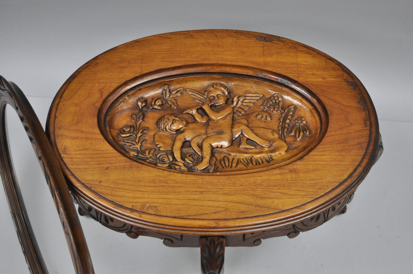 French Renaissance Style Glass Top Tray Coffee Table with Carved Cherubs Angels