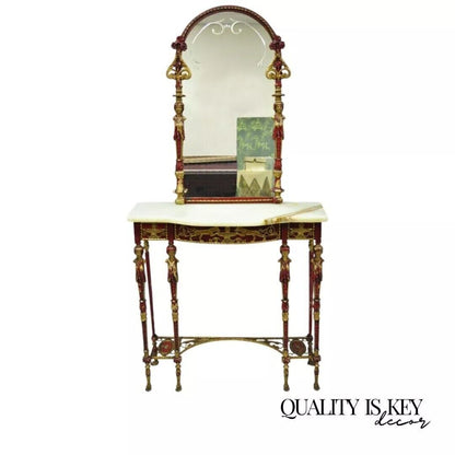 Oscar Bach Attr. Bronze and Onyx Top Iron Console Hall Table with Figural Mirror