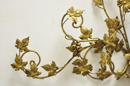 Vintage Italian Hollywood Regency Gold Iron Tole Leafy 3 Candelabra Wall Sconce