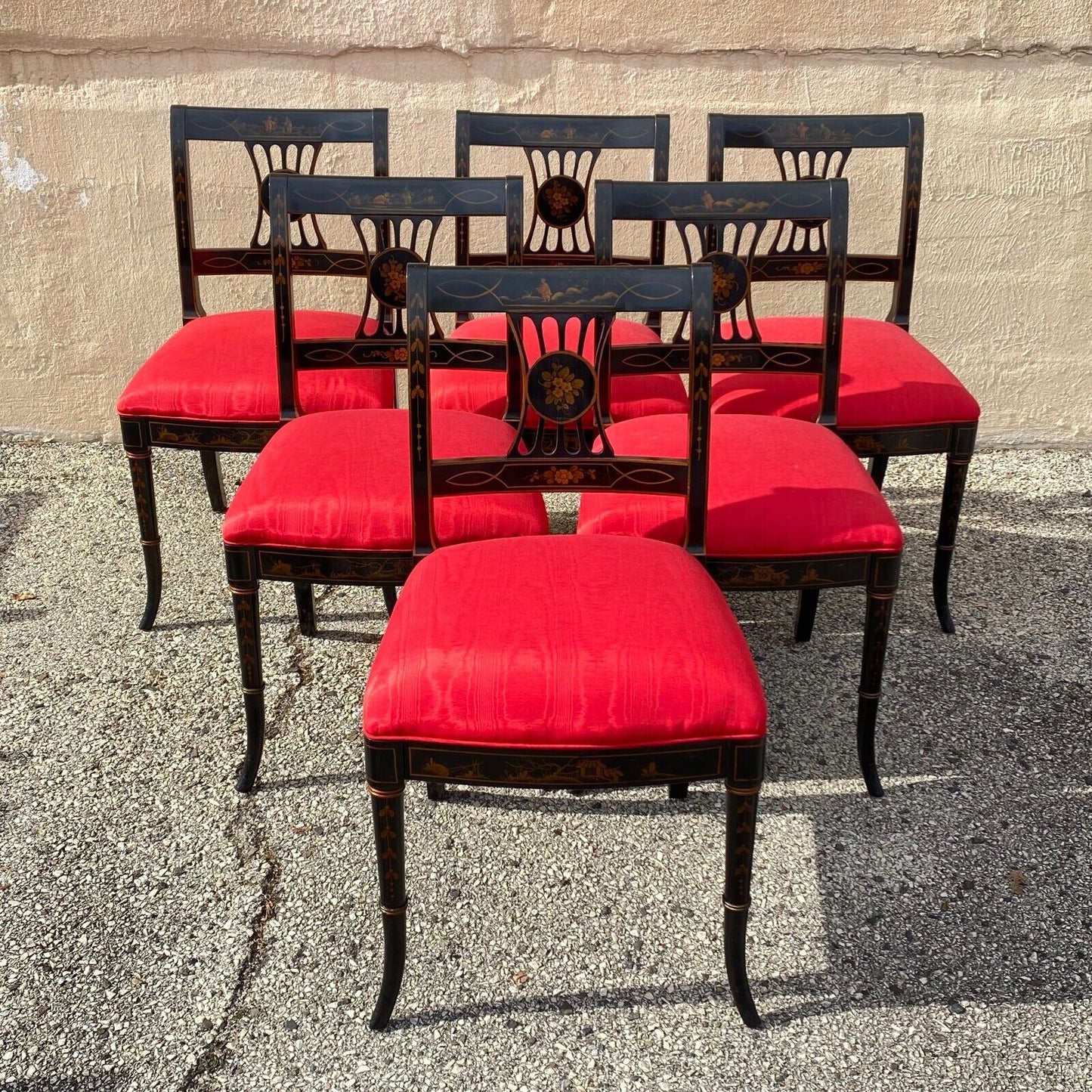 Vintage Chinoiserie English Regency Style Black Painted Dining Chairs - Set of 6