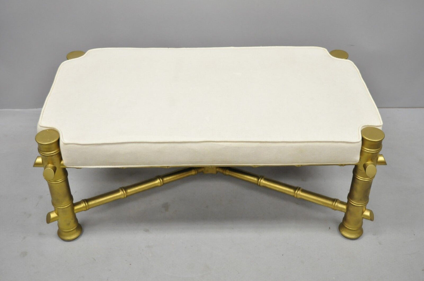 Vintage Hollywood Regency Gold Faux Bamboo Upholstered X-Frame Carved Wood Bench