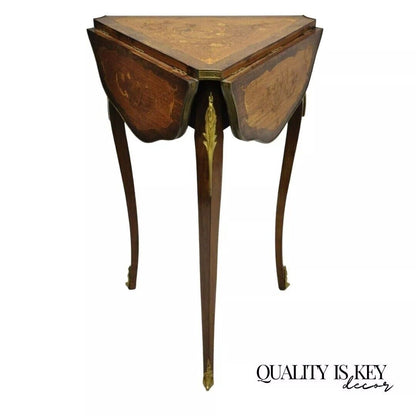 French Louis XV Satinwood Inlay Triple Drop Leaf Side Table with Bronze Ormolu