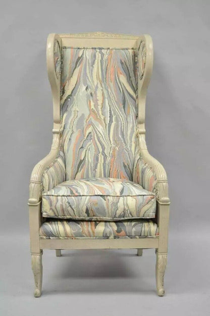 Vintage French Empire Neoclassical Style Marble Fabric High Wingback Arm Chair