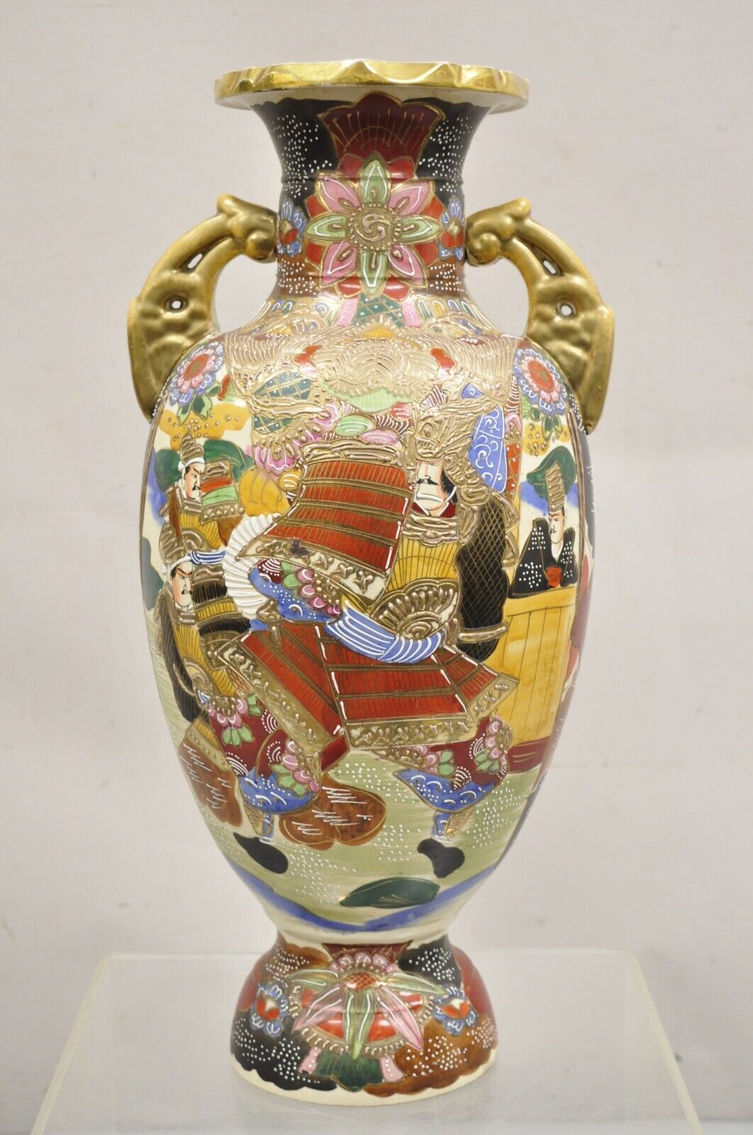 Vintage Japanese Hand Painted Ceramic Porcelain 24" Satsuma Vase with Warriors