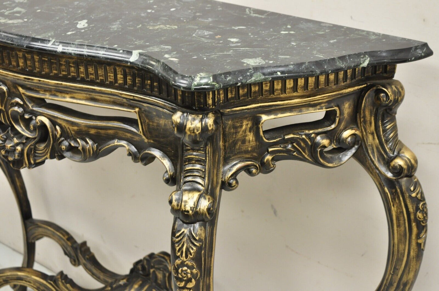 Reproduction French Baroque Style Marble Top Black & Gold Console Table