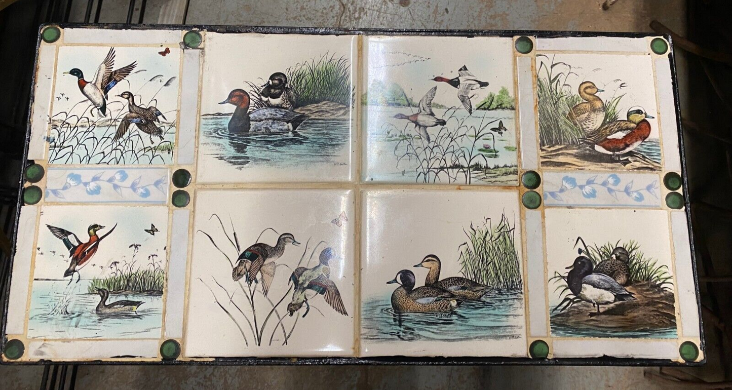 Antique Art Nouveau Wrought Iron Small Side Table with Duck Geese Tile Top