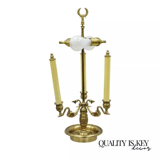 Regency Style Brass Swans Candlestick Bouillotte Tole Metal Table Lamp (C)