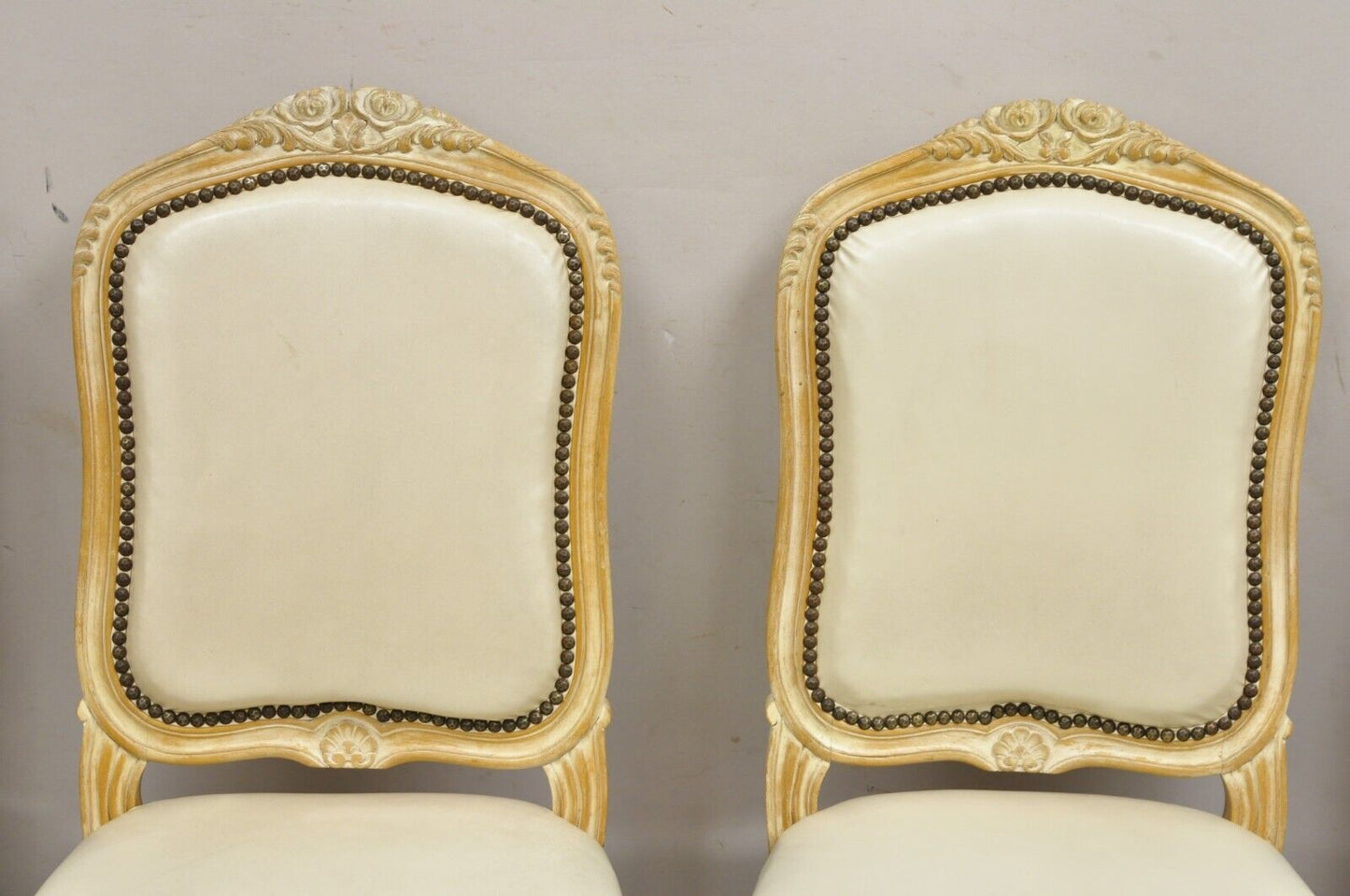 Vintage French Louis XV Style Distress White Washed Dining Side Chair - Set of 4