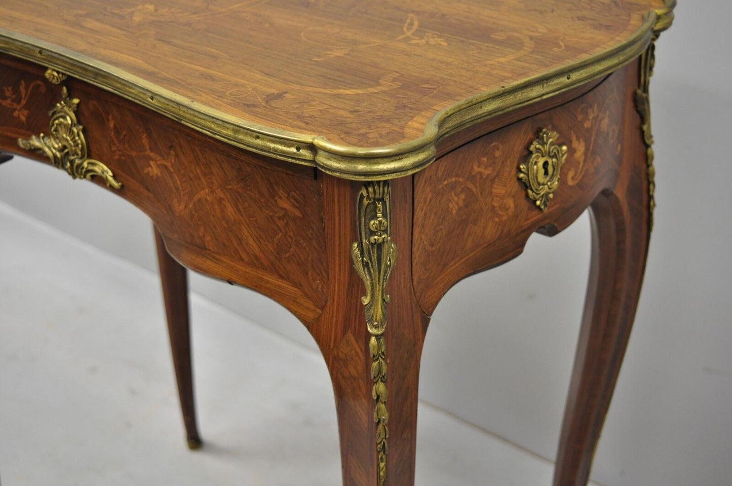 C. Mellier & Co London French Louis XV Style 2 Drawer Inlay & Leather Side Table