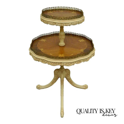 Vintage French Louis XV Style Satinwood Inlay Round 2 Tier Occasional Side Table