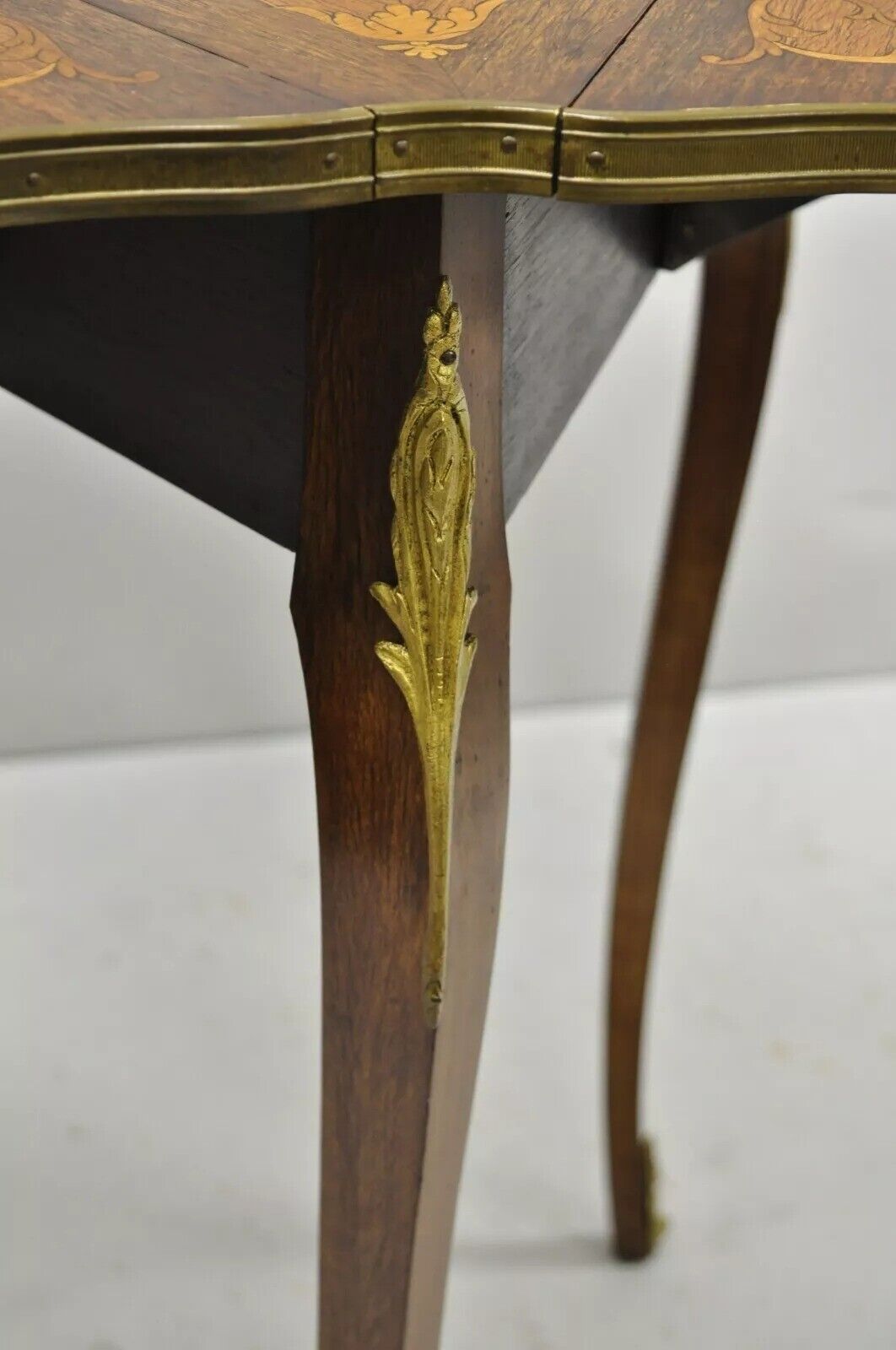 French Louis XV Satinwood Inlay Triple Drop Leaf Side Table with Bronze Ormolu