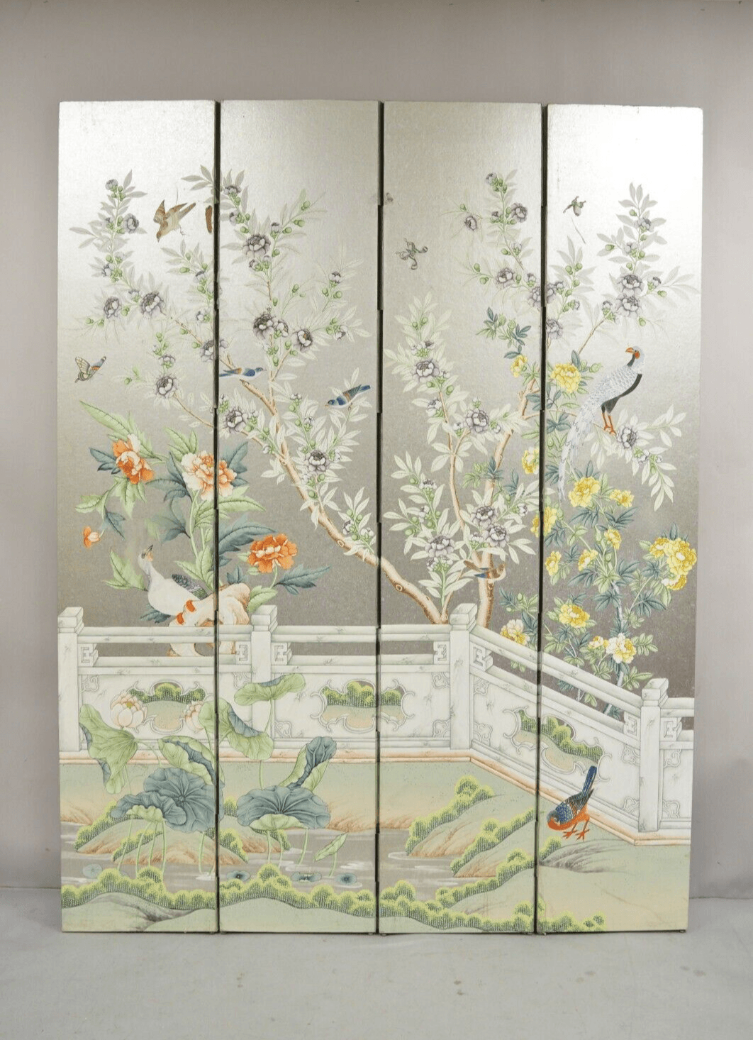 Vintage Chinoiserie Silver Leaf Birds Butterflies 4 Panel Screen Room Divider B