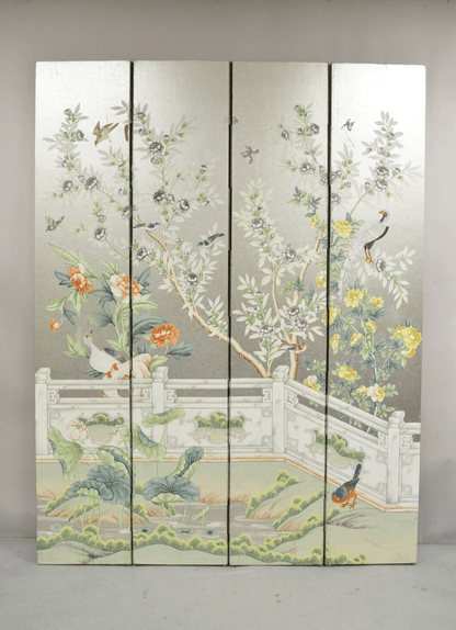 Vintage Chinoiserie Silver Leaf Birds Butterflies 4 Panel Screen Room Divider B