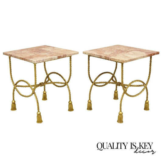 Italian Hollywood Regency Gold Iron Rope Tassel Rouge Marble Top Side Table Pair