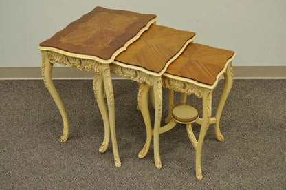 Vintage French Louis XV Style Satinwood Inlay Nesting Side Tables - Set of 3