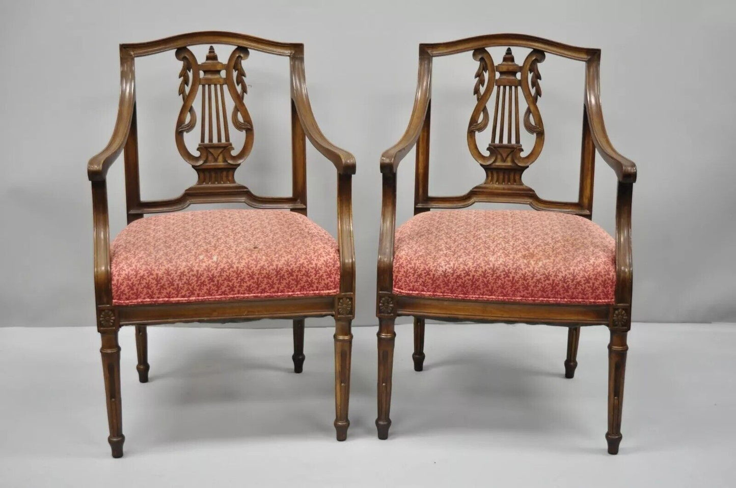 Antique French Louis XVI Style Harp Lyre Back Italian Mahogany Arm Chairs - Pair