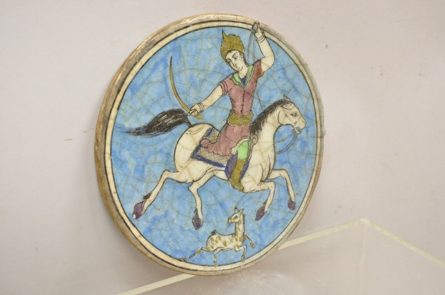 Antique Persian Iznik Qajar Style Ceramic Pottery Round Tile Blue Horse Rider C4