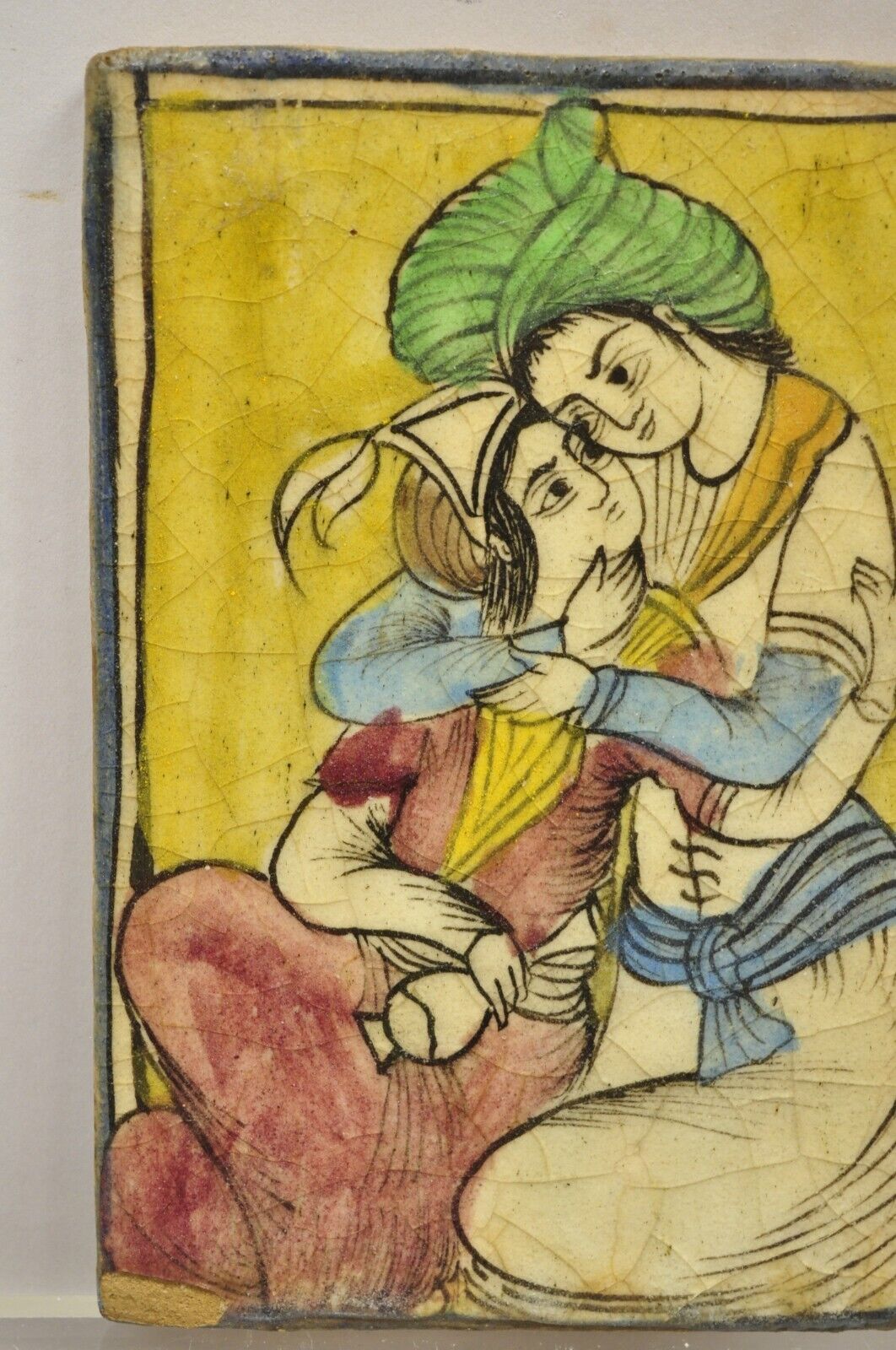 Antique Persian Iznik Qajar Style Ceramic Yellow Pottery Tile Loving Couple B C5