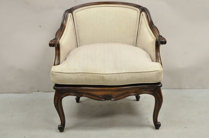 Vintage French Country Louis XV Style Carved Walnut Low Bergere Lounge Chair