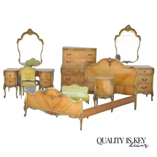 Antique French Louis XV Satinwood Bedroom Set Dresser Vanity Mirror - 9 Pc Set