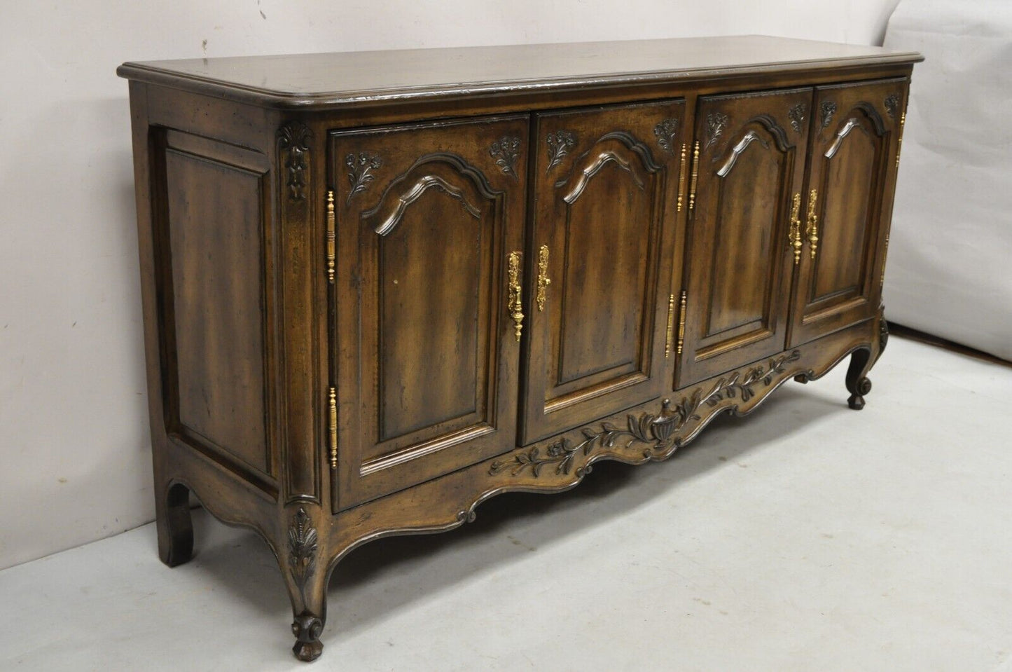 Vintage French Country Provincial Style Carved Walnut 4 Door Sideboard Credenza