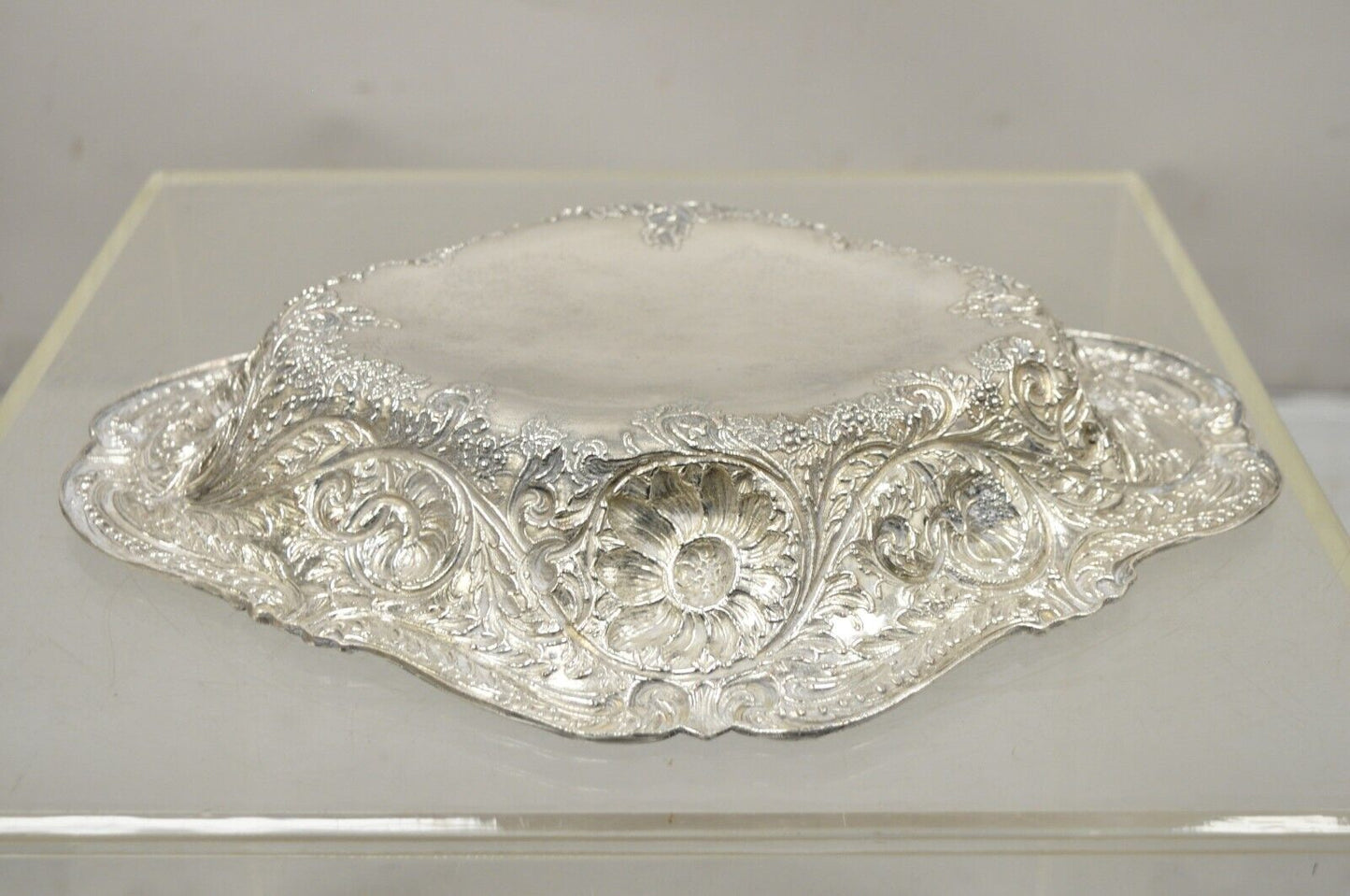 Pair M&H English Victorian Art Nouveau Silver Plate Floral Repousse Fruit Bowls