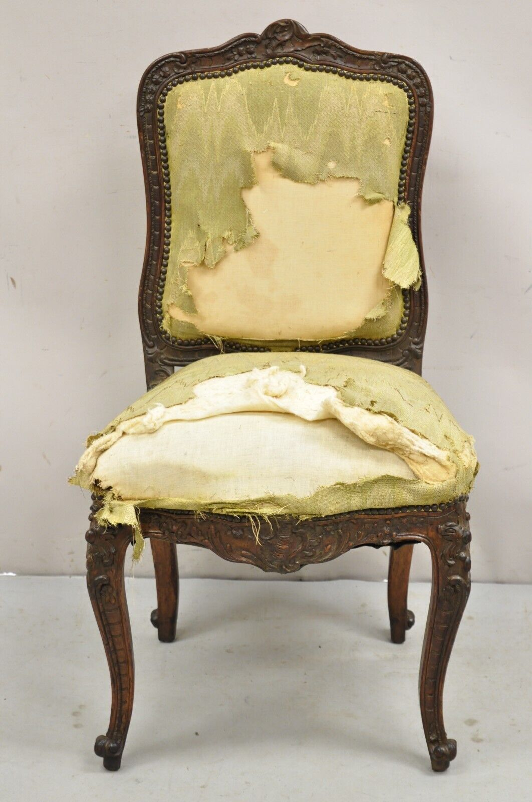 Antique French Baroque Louis XV Style Carved Walnut Upholstered Side Chair