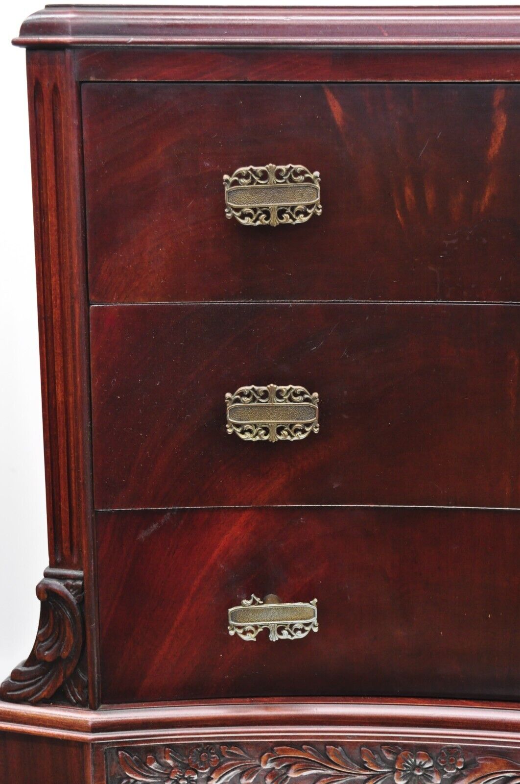 Vtg Chinese Chippendale Flame Mahogany Bowed Front Tall Chest on Chest Dresser