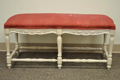 Vintage French Country Style White Carved Wood 6 Leg Upholstered Window Bench