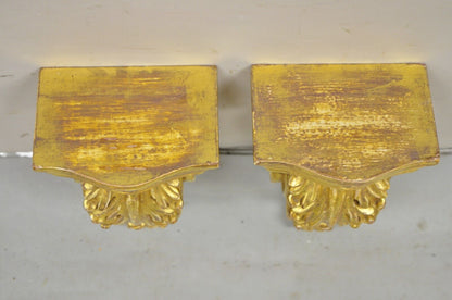 Gold Giltwood French Louis XV Style Wood Acanthus Corbel Small Wall Shelf - Pair