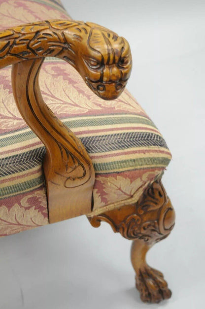 Vintage Georgian Style Carved Mahogany Figural Faces Paw Foot Lounge Arm Chair