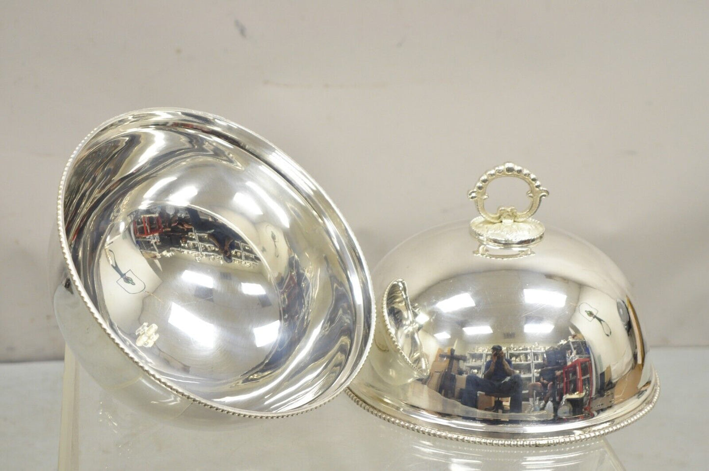 Vintage English Edwardian Style Silver Plated 10" Round Serving Dish Cover Pair