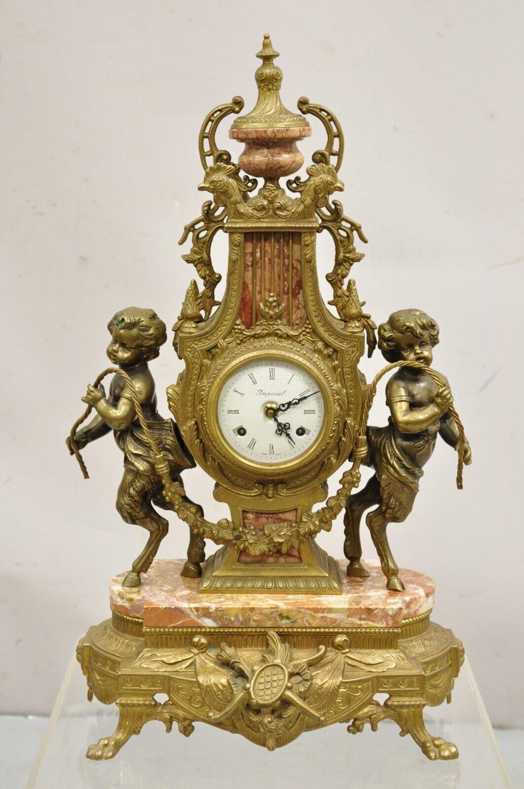 Vintage French Louis XV Style Brevetatto Italy Brass Marble Figural Cherub Clock