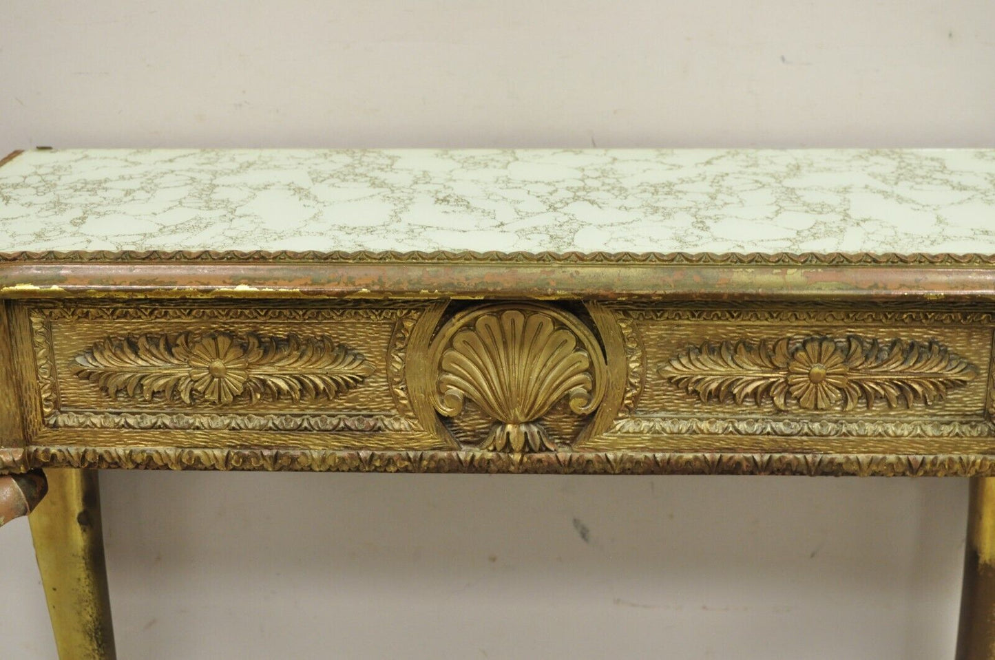 Vintage French Empire Style Distressed Gold Giltwood Hall Table Console