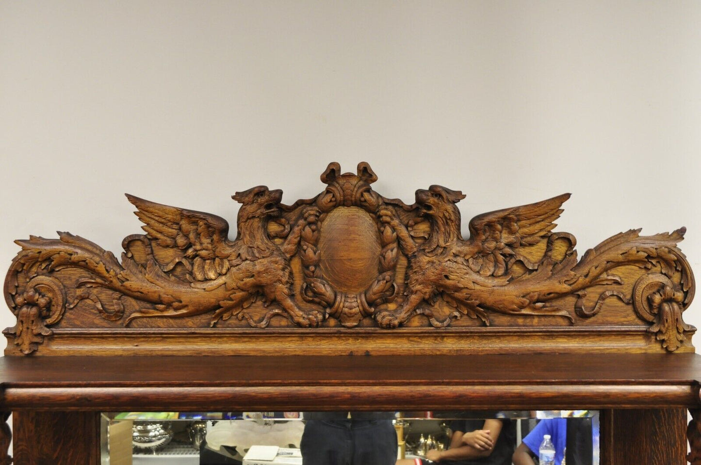 Antique Victorian Figural Lion & Griffin Carved Oak Wood Sideboard Buffet