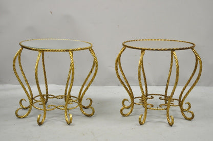 Vintage Italian Hollywood Regency Gold Gilt Glass Top Low Side Tables - a Pair