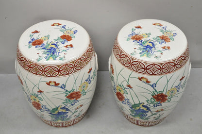 Vintage Porcelain Ceramic Chinoiseries Oriental Red Blue Garden Seat - a Pair