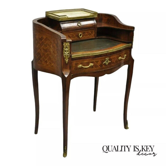 Antique French Louis XV Style Marquetry Inlay Petite Demilune Writing Desk