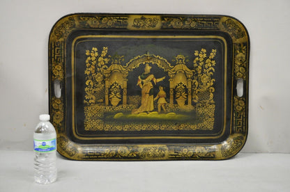 Antique French Country Tole Metal Black Gold 26" Garden Scene Platter Tray