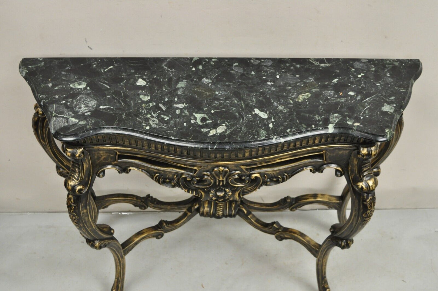 Reproduction French Baroque Style Marble Top Black & Gold Console Table