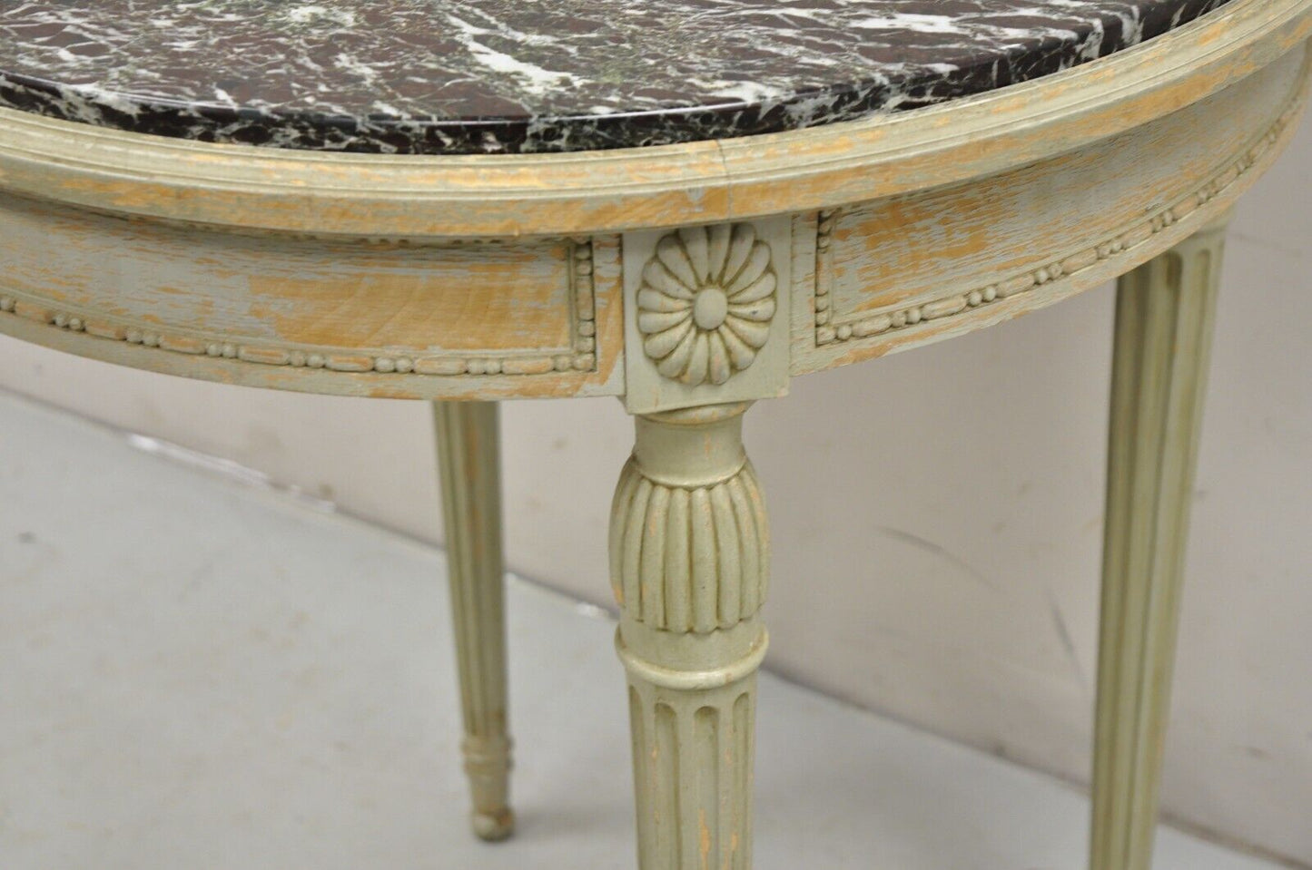 Antique French Louis XVI Style Green Distress Paint Round Marble Top Side Table