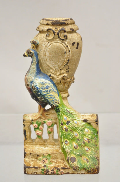 Antique Hubley Art Deco Cast Iron Figural Blue Green Peacock Painted Door Stop