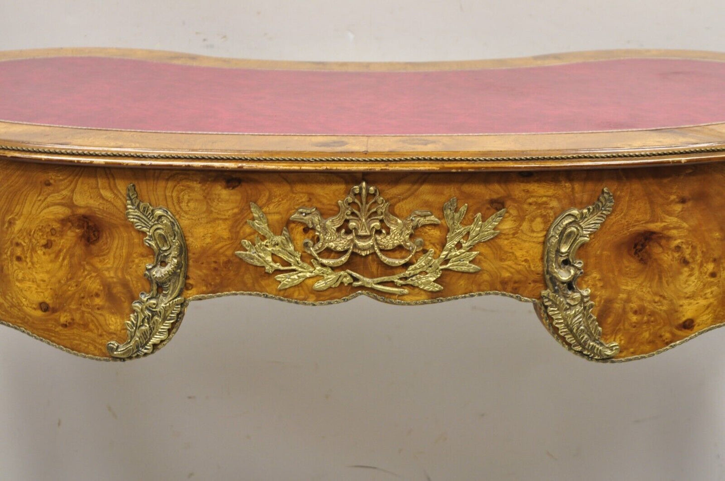 French Louis XV Style Kidney Shaped Leather Top Bronze Mounted 3 Drawer Desk