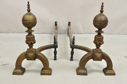 Antique English Federal Brass Cannonball Fireplace Andirons With Patina -  Pair