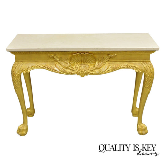 English George II Style Gold Giltwood Shell Carved Paw Foot Console Hall Table