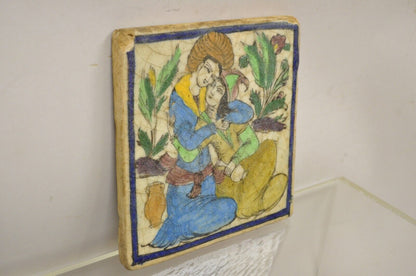 Antique Persian Iznik Qajar Style Square Ceramic Pottery Tile Blue Couple C5