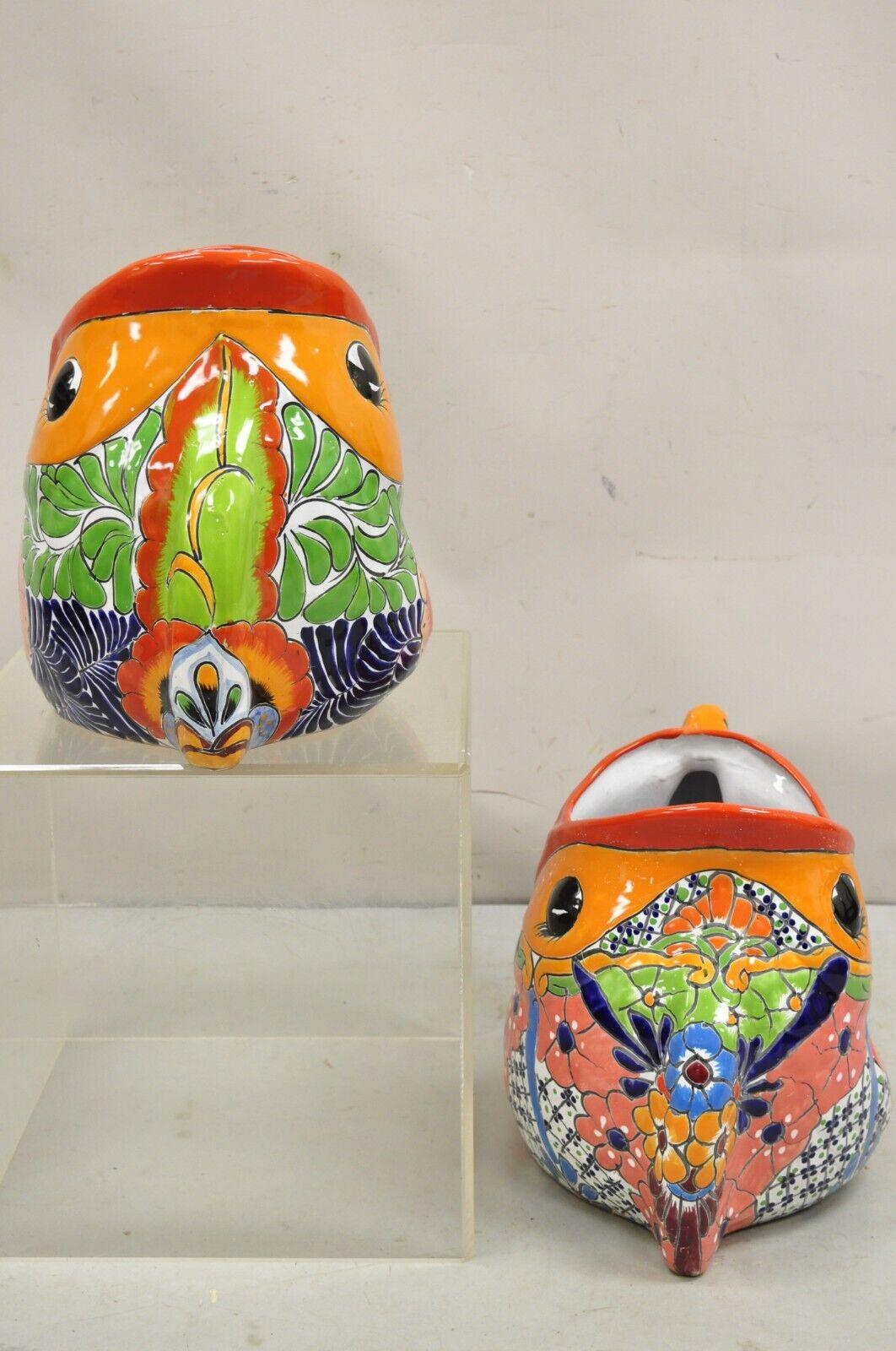 Vintage Mexican Talavera Blue Orange Hand Painted Pottery Fish Planters - a Pair