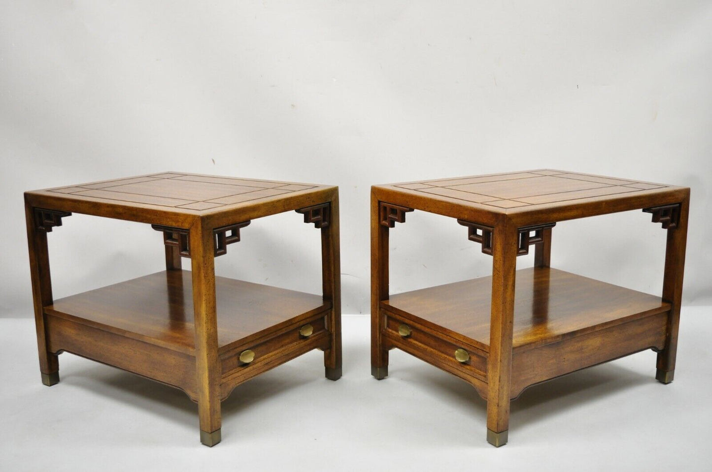 Century Furniture Chinoiserie Fretwork Wooden Side Lamp End Tables - a Pair